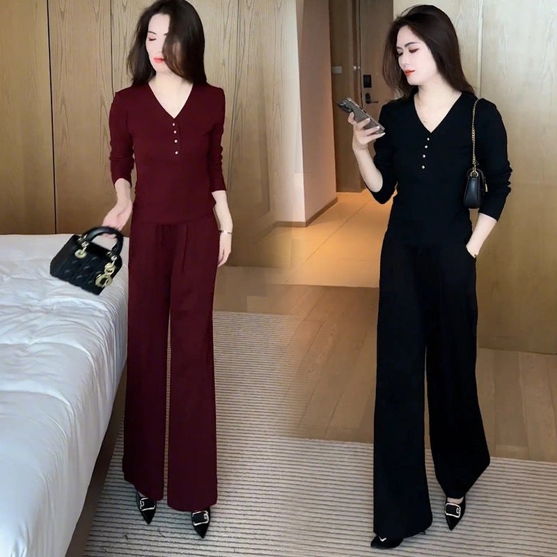 Fashion suit Women''s 2024 Autumn Elegant New Quality Slimming Age-reducing Long-sleeved Top Wide-leg Pants Casual Two-piece Set - Image 2