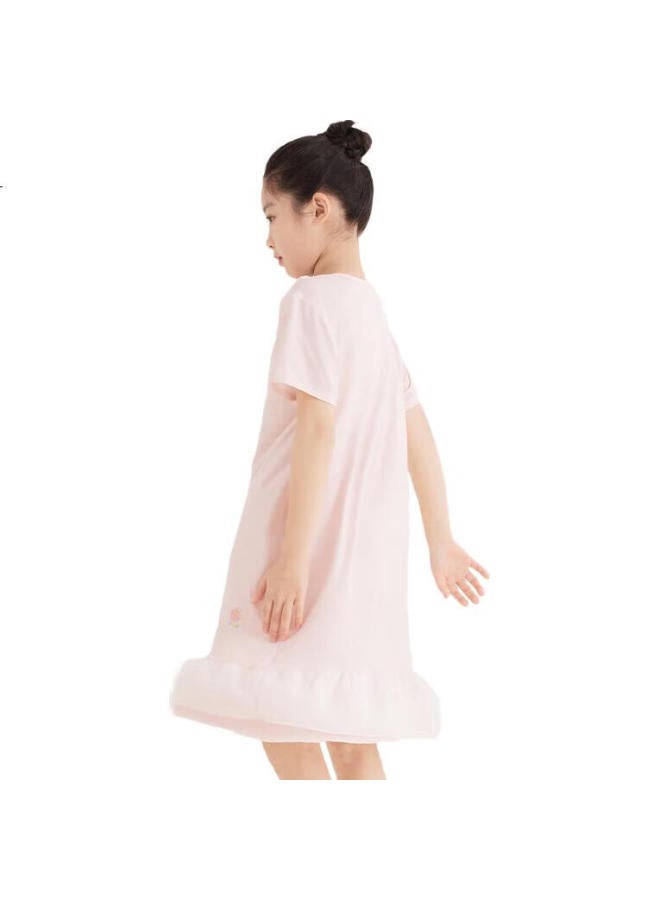 Red Bean Hongdou Children'S Pajamas, Girls' Nightgown, Short-Sleeve Loungewear, Spring And Summer Thin Silk Princess Dress, Q3016, Light Pink, Size 120 - Image 3