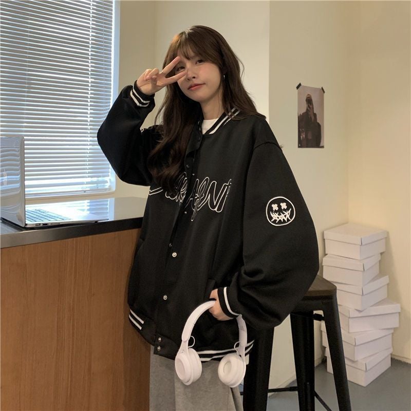 Baseball Suit Jacket Jacket Girl Spring and Autumn Junior High School Senior high school Student Loose Korean Bf Early Autumn Retro Thin American Style C2 jacket black 