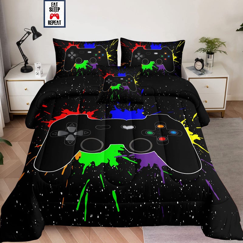 lris Bedding Boys Gamer Comforter Sets Twin Size for Kids Bedding5 Piece Bed in a Bag Gaming Bedding SetBoys Game Console Pattern Bed Set with Flat SheetFitted SheetCushion CoverPillowcases