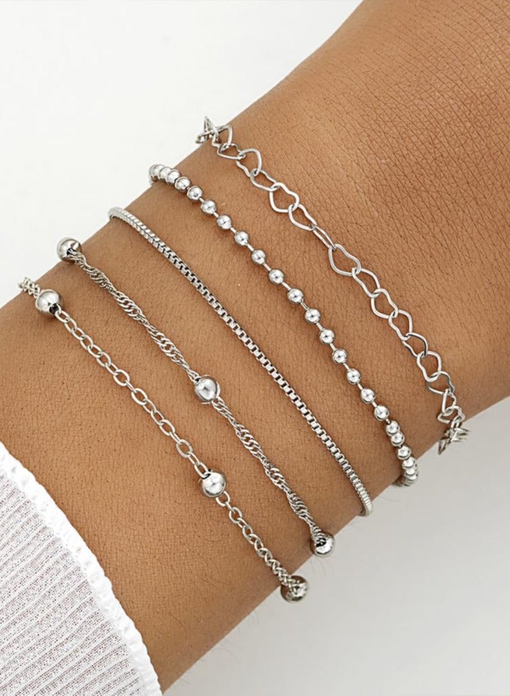 Mordely 5Pcs Layered Heart Beaded Bracelets Set for Women, Charming Twisted Link Chain Bangles Round Beads Bracelets Stackable Hollow Heart Hand Jewelry  - Image 1