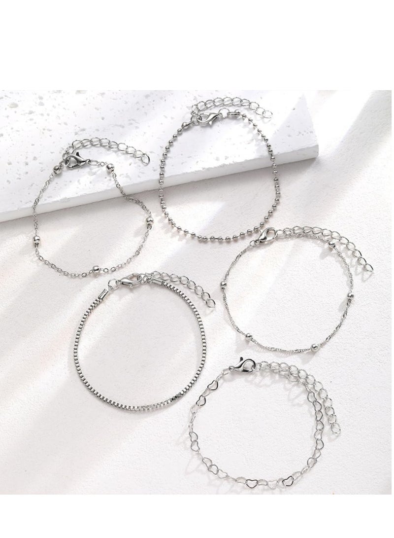 Mordely 5Pcs Layered Heart Beaded Bracelets Set for Women, Charming Twisted Link Chain Bangles Round Beads Bracelets Stackable Hollow Heart Hand Jewelry  - Image 2