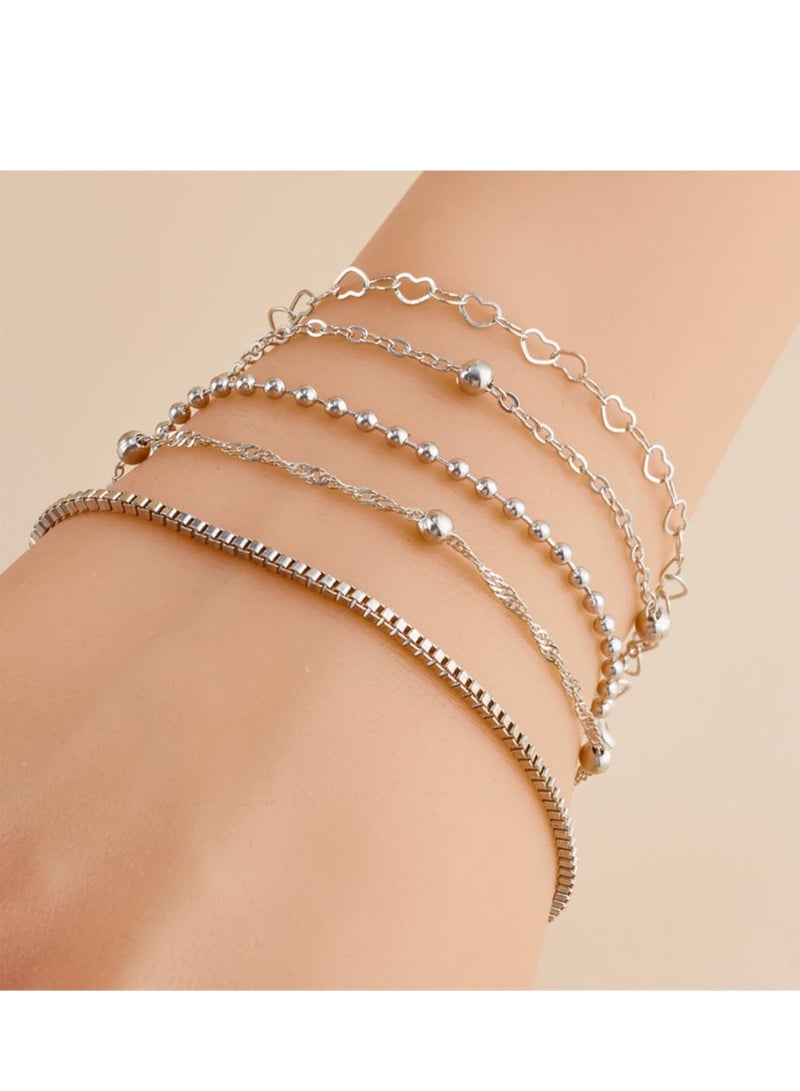 Mordely 5Pcs Layered Heart Beaded Bracelets Set for Women, Charming Twisted Link Chain Bangles Round Beads Bracelets Stackable Hollow Heart Hand Jewelry  - Image 4
