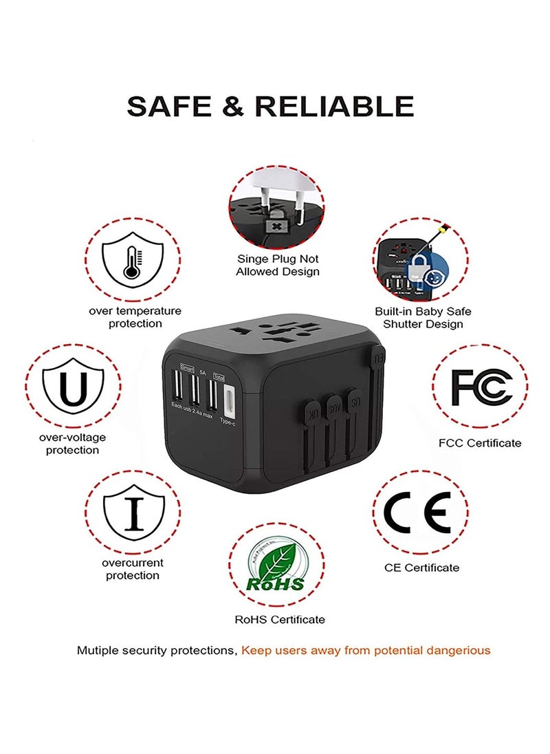 Arabest Universal Travel Power Adapter,100-250V 5A International Wall Charger,  4 USB Ports Adapter Plug, Worldwide AC Outlet Plugs Adapters for Europe, UK, US, AU, Asia  - Image 3