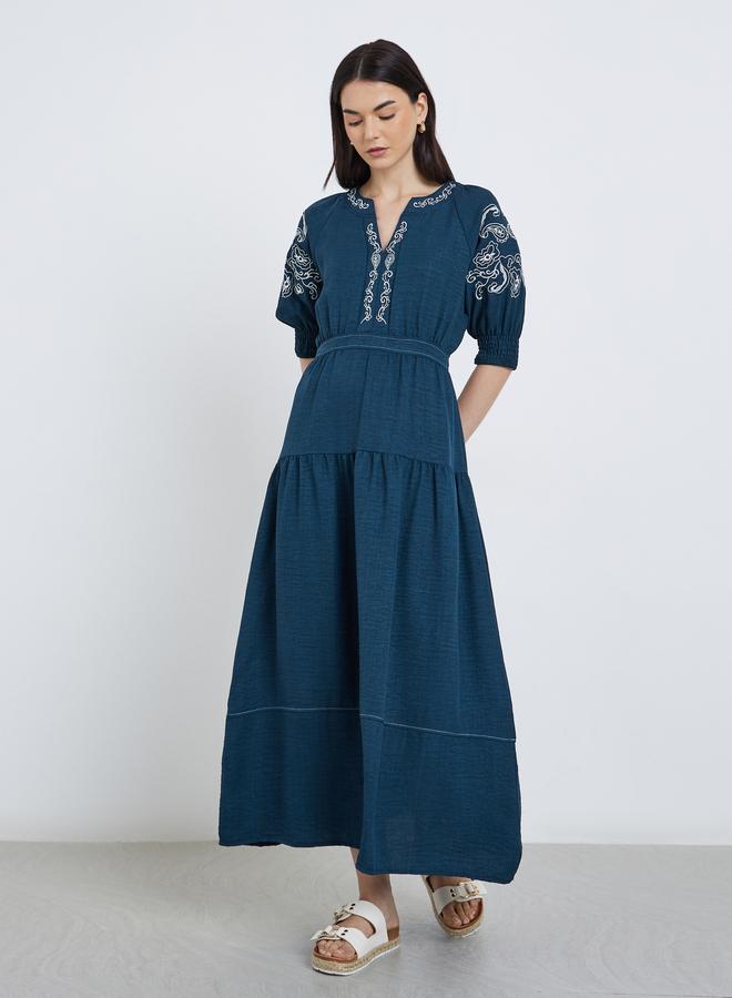 Take Two Embroidered Puff Sleeve Tiered Midi Dress - Image 1