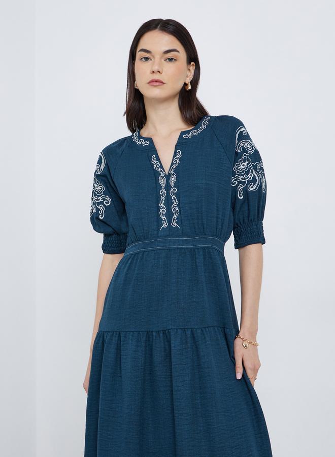 Take Two Embroidered Puff Sleeve Tiered Midi Dress - Image 2