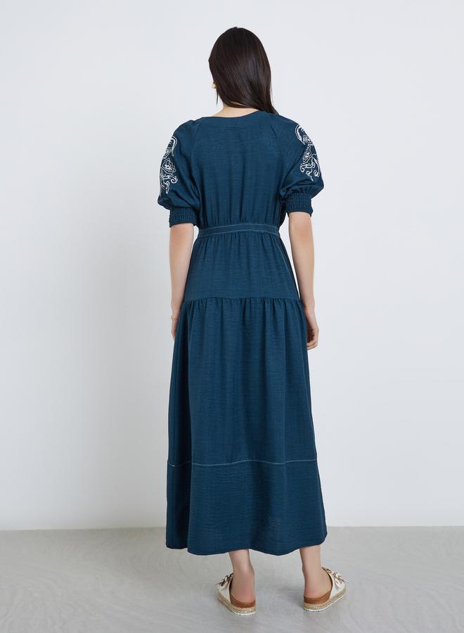Take Two Embroidered Puff Sleeve Tiered Midi Dress - Image 5