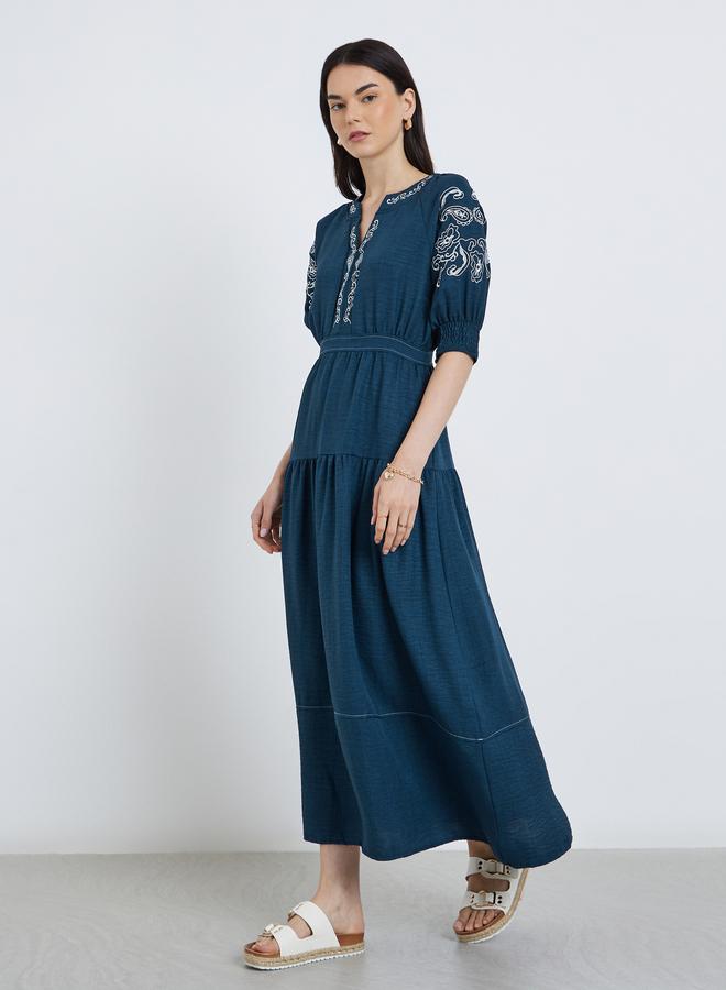 Take Two Embroidered Puff Sleeve Tiered Midi Dress - Image 3