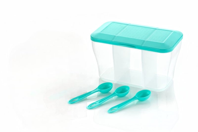 HAPPI Multipurpose Plastic 3 In 1 Masala Box for Kitchen, Spice Boxes for Kitchen, Transparent 3 Section Storage Containers Airtight Dry Fruits Dabba 1100 Ml with 3 Spoons(Sea Green) - Image 2