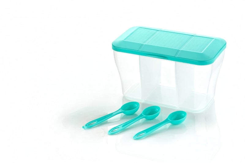 HAPPI Multipurpose Plastic 3 In 1 Masala Box for Kitchen, Spice Boxes for Kitchen, Transparent 3 Section Storage Containers Airtight Dry Fruits Dabba 1100 Ml with 3 Spoons(Sea Green) - Image 1