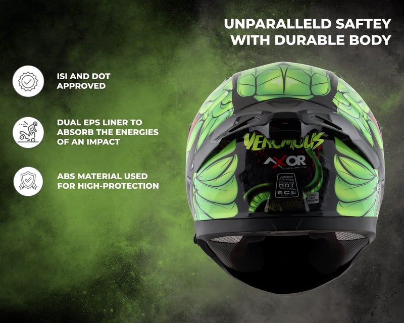 Axor Apex Venomous ISI ECE DOT Certified Full Face Dual Visor Helmet for Men and Women with Pinlock Fitted Outer Clear Visor and Inner Smoke Sun Visor Black Neon Green(XL) - Image 4