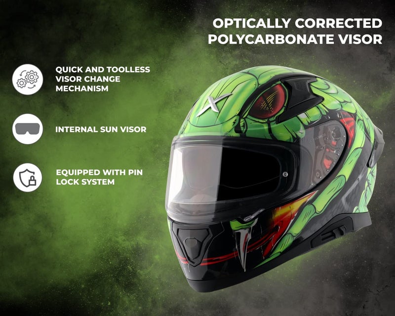 Axor Apex Venomous ISI ECE DOT Certified Full Face Dual Visor Helmet for Men and Women with Pinlock Fitted Outer Clear Visor and Inner Smoke Sun Visor Black Neon Green(XL) - Image 2