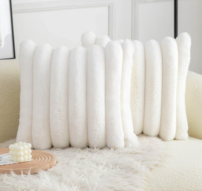 Neelvin Cream White Faux Fur Cozy Soft Striped Decorative Throw Pillow Covers 16x16 inch Set of 2 Velvet Pillowcase Cushion Case for Sofa Couch - Image 1