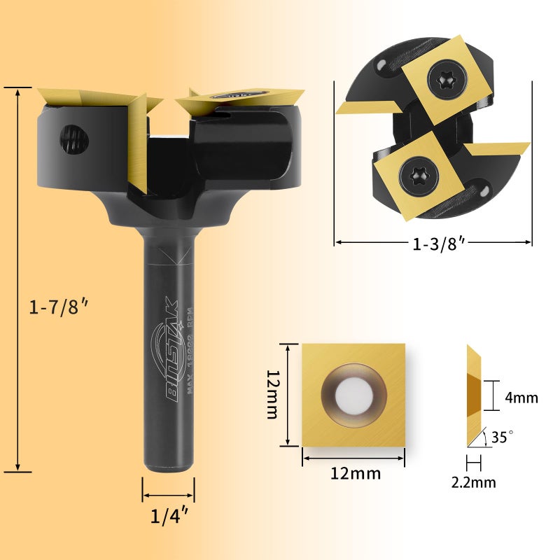 BINSTAK CNC Spoilboard Surfacing Router Bit 2+2 Inserts, 1/4" Shank, Extra Large 1-3/8" Cutting Dia. Carbide Slab Flattening Router Bits Wood Planing Planer Bit with Long Life TiN Coating - Image 3