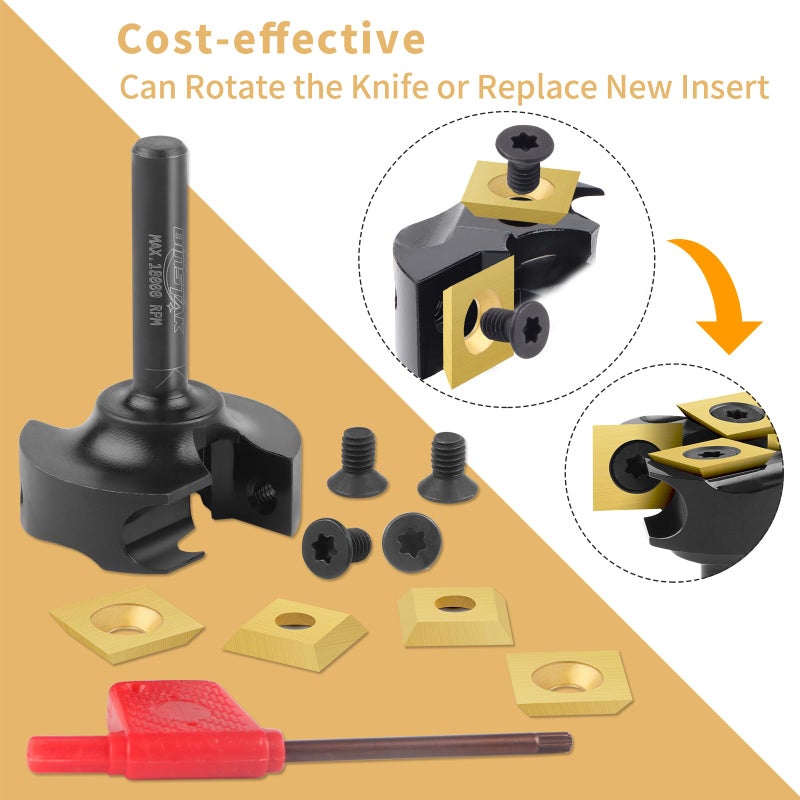 BINSTAK CNC Spoilboard Surfacing Router Bit 2+2 Inserts, 1/4" Shank, Extra Large 1-3/8" Cutting Dia. Carbide Slab Flattening Router Bits Wood Planing Planer Bit with Long Life TiN Coating - Image 2