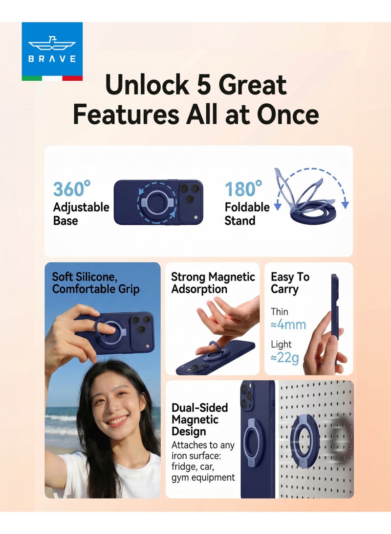 Brave MagSafe 3-in-1 Magnetic Phone Grip | Finger Strap, Anti-Drop Ring Holder & Kickstand | Strong Dual-Sided Silicone, Removable Magnetic Phone Stand, Wireless Charging Compatible | Secure Hand Grip & Hands-Free Viewing for iPhone 17/16/15/14/13/12 Series, Samsung Galaxy S26/S25/S24/S23/S22 & Android Smartphones | Blue - Image 4
