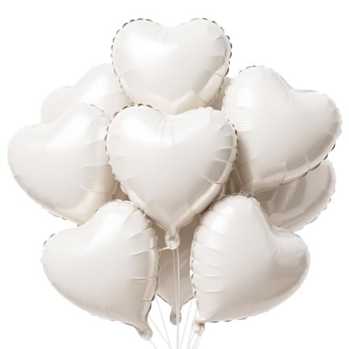 WEIKA 12 Pcs Cream White Heart Balloons 18 Inch Foil Balloons Heart Shaped Balloon White Birthday Decorations Love Balloon for Birthday Party Wedding Baby Shower Valentines Day Decorations - Image 1