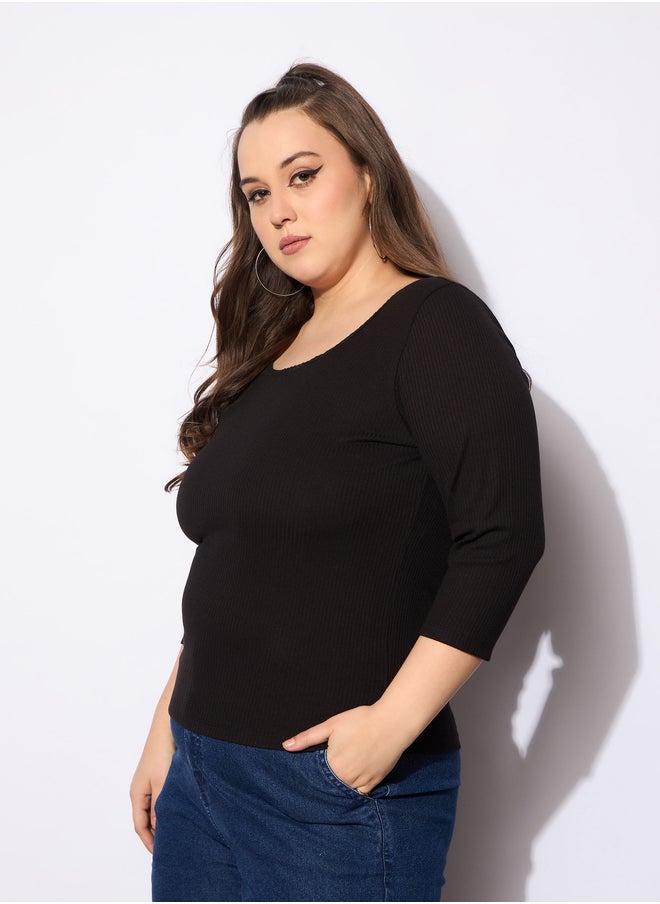SASSAFRAS Plus Size Rib Round Neck Lace Detail Top  - Image 3