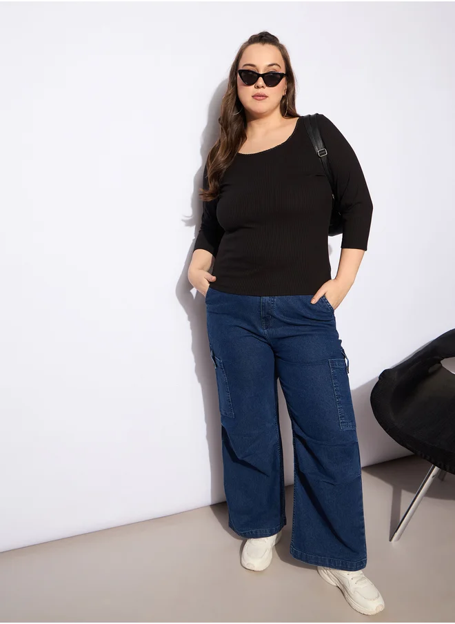 ساسافراس Plus Size Rib Round Neck Lace Detail Top