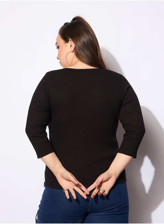 SASSAFRAS Plus Size Rib Round Neck Lace Detail Top  - Image 5