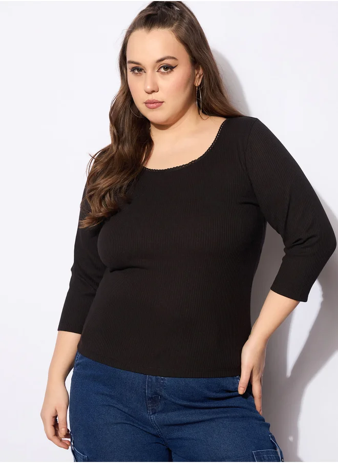 ساسافراس Plus Size Rib Round Neck Lace Detail Top