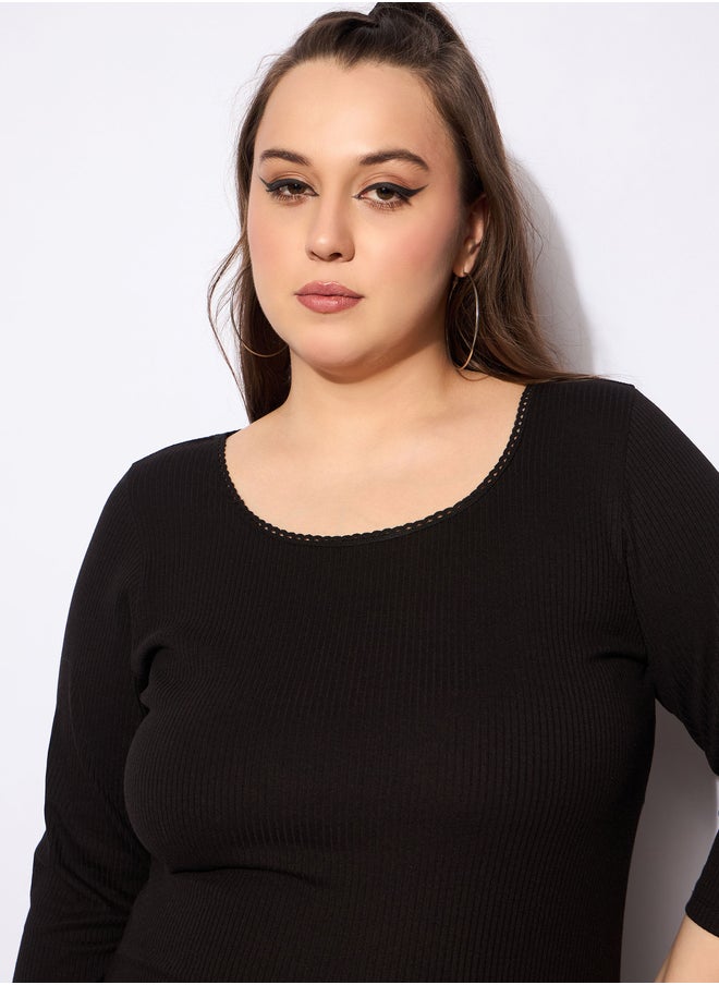 SASSAFRAS Plus Size Rib Round Neck Lace Detail Top  - Image 4