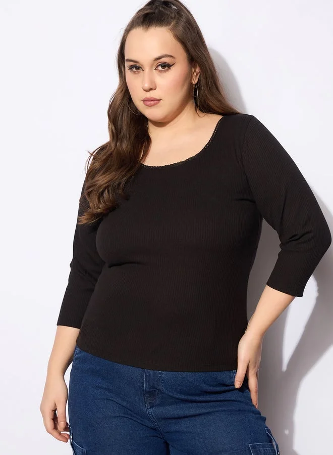SASSAFRAS Plus Size Rib Round Neck Lace Detail Top