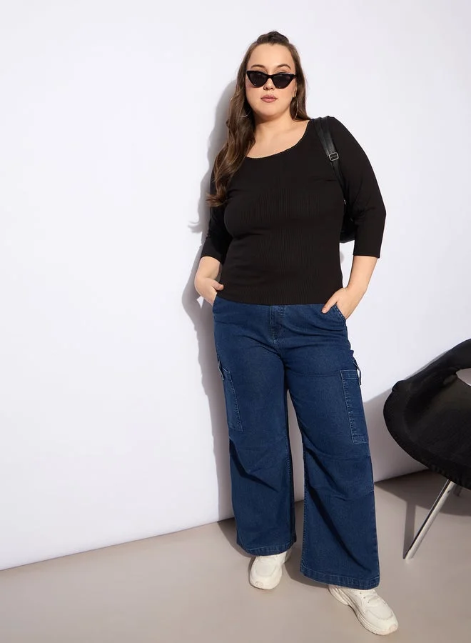 SASSAFRAS Plus Size Rib Round Neck Lace Detail Top