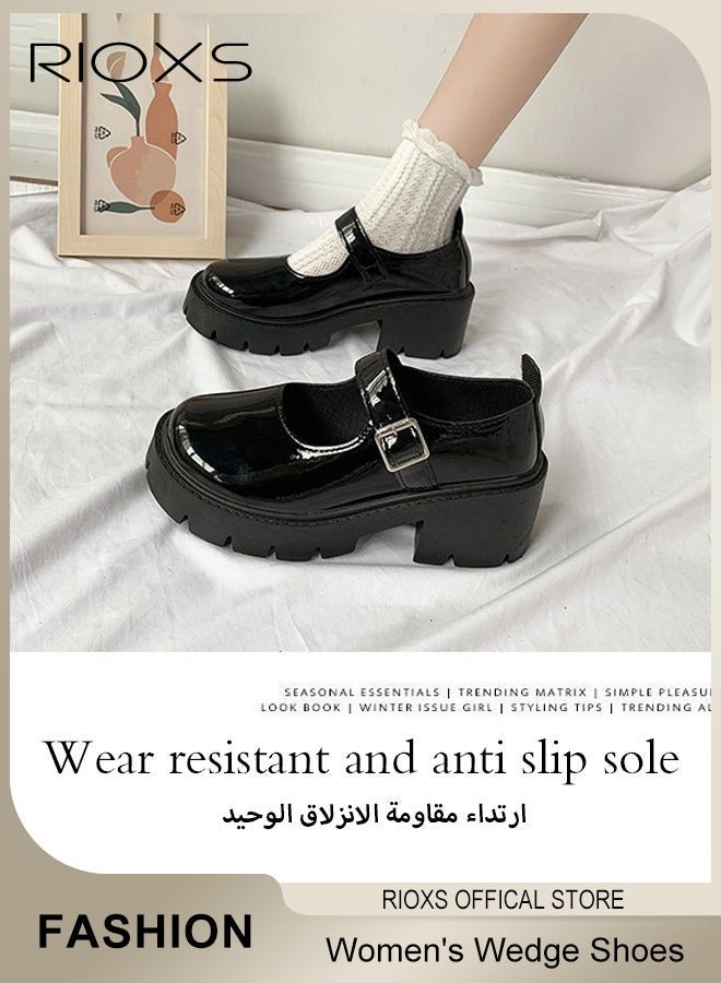 ريوكس Women's Mary Jane Shoes, Vintage Lolita Chunky Shoes For Women, Fashion Wedge Patent Leather Shoes, Casual Round Toe Platform Shoes, Classic Dress Shoes For Women, Ladies Gothic Shoes, Girls School Uniform Pumps Shoes, Dressy Shoes For Business Daily Wear - Image 3
