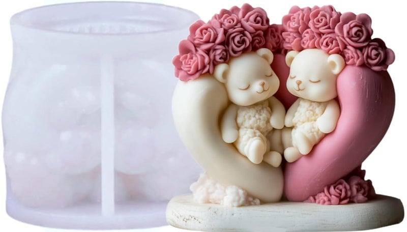 Shoppeecity Bear Shape Candle Making Silicone Molds 3D Teddy Bear Candle Silicone Mould Heart Shaped Love Couple Rose Flower Bear Mold for DIY Handmade Chocolate Mousse Dessert Soap Resin Art Craft Making Valentines Day Decor Gifts Large - Image 1