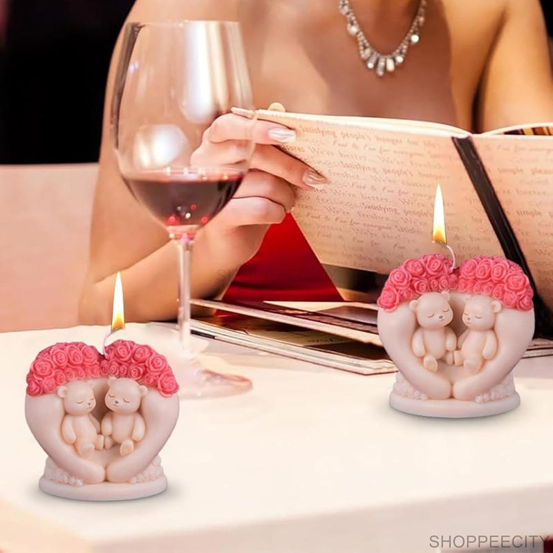 Shoppeecity Bear Shape Candle Making Silicone Molds 3D Teddy Bear Candle Silicone Mould Heart Shaped Love Couple Rose Flower Bear Mold for DIY Handmade Chocolate Mousse Dessert Soap Resin Art Craft Making Valentines Day Decor Gifts Large - Image 3