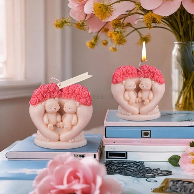 Shoppeecity Bear Shape Candle Making Silicone Molds 3D Teddy Bear Candle Silicone Mould Heart Shaped Love Couple Rose Flower Bear Mold for DIY Handmade Chocolate Mousse Dessert Soap Resin Art Craft Making Valentines Day Decor Gifts Large - Image 2