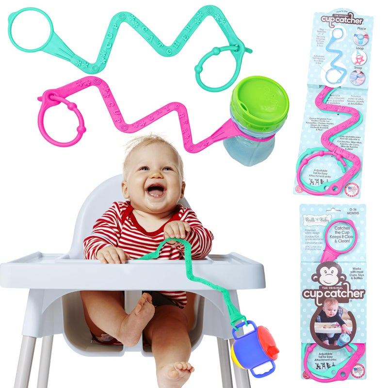 Brilli Baby Cup Catcher Patented Safety Tether Strap, Attach Sippy Cups, Bottles, Pacifiers & More to Stroller, High Chair, Car Seat, Made in USA, Food Grade, Dishwasher Safe (Aqua & Pink) - Image 1