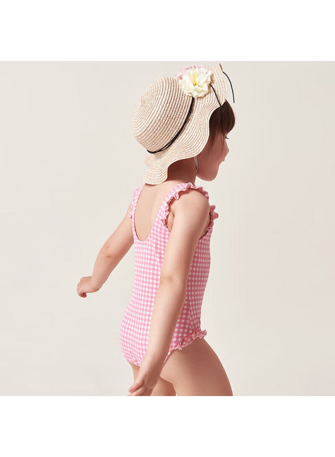 Yizi Girls' One-piece Swimsuit, Toddler Triangle Hot Spring Swimwear, Ezi18g002, Pink And White Plaid, 100cm - Image 1