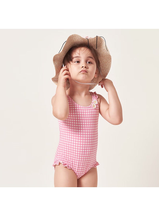 Yizi Girls' One-piece Swimsuit, Toddler Triangle Hot Spring Swimwear, Ezi18g002, Pink And White Plaid, 100cm - Image 2