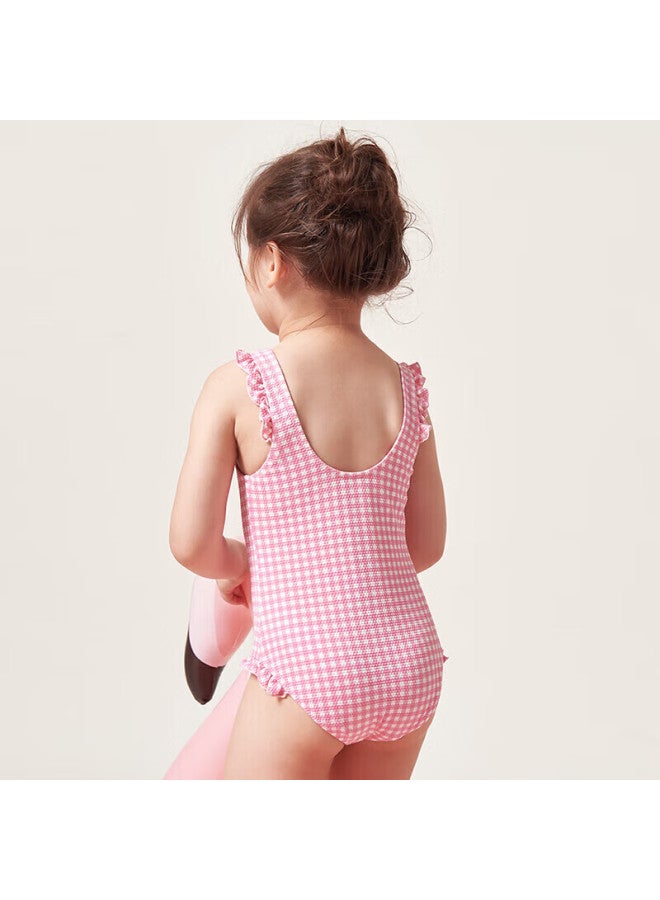 Yizi Girls' One-piece Swimsuit, Toddler Triangle Hot Spring Swimwear, Ezi18g002, Pink And White Plaid, 100cm - Image 3