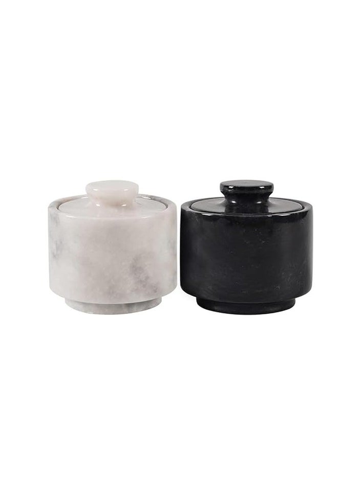 RADICALn Handmade Marble Black and White Salt Cellar Set of 2 Bowls Decor for Kitchen Counter  - Image 1