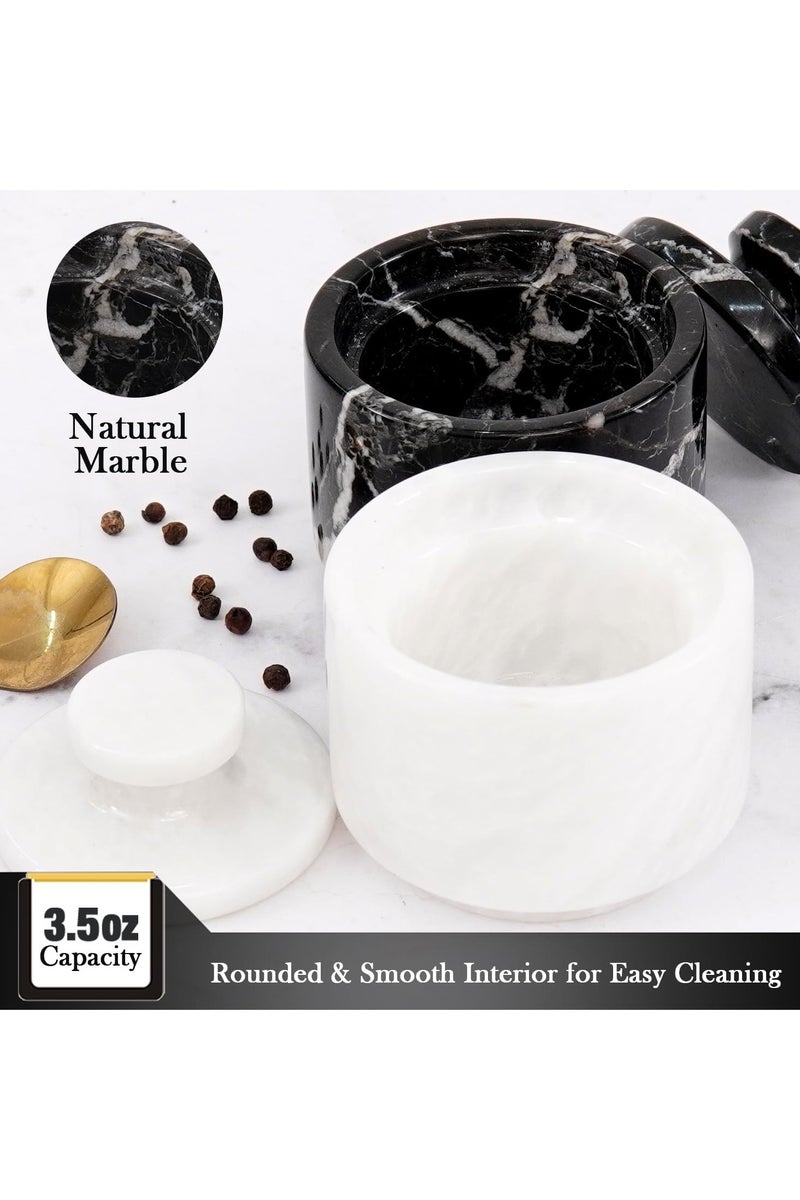 Marble Salt Cellar with Lid 3" White and Black Spice Jar For kitchen Counter Stone Salt Container and Sugar, Salt & Pepper Bowls