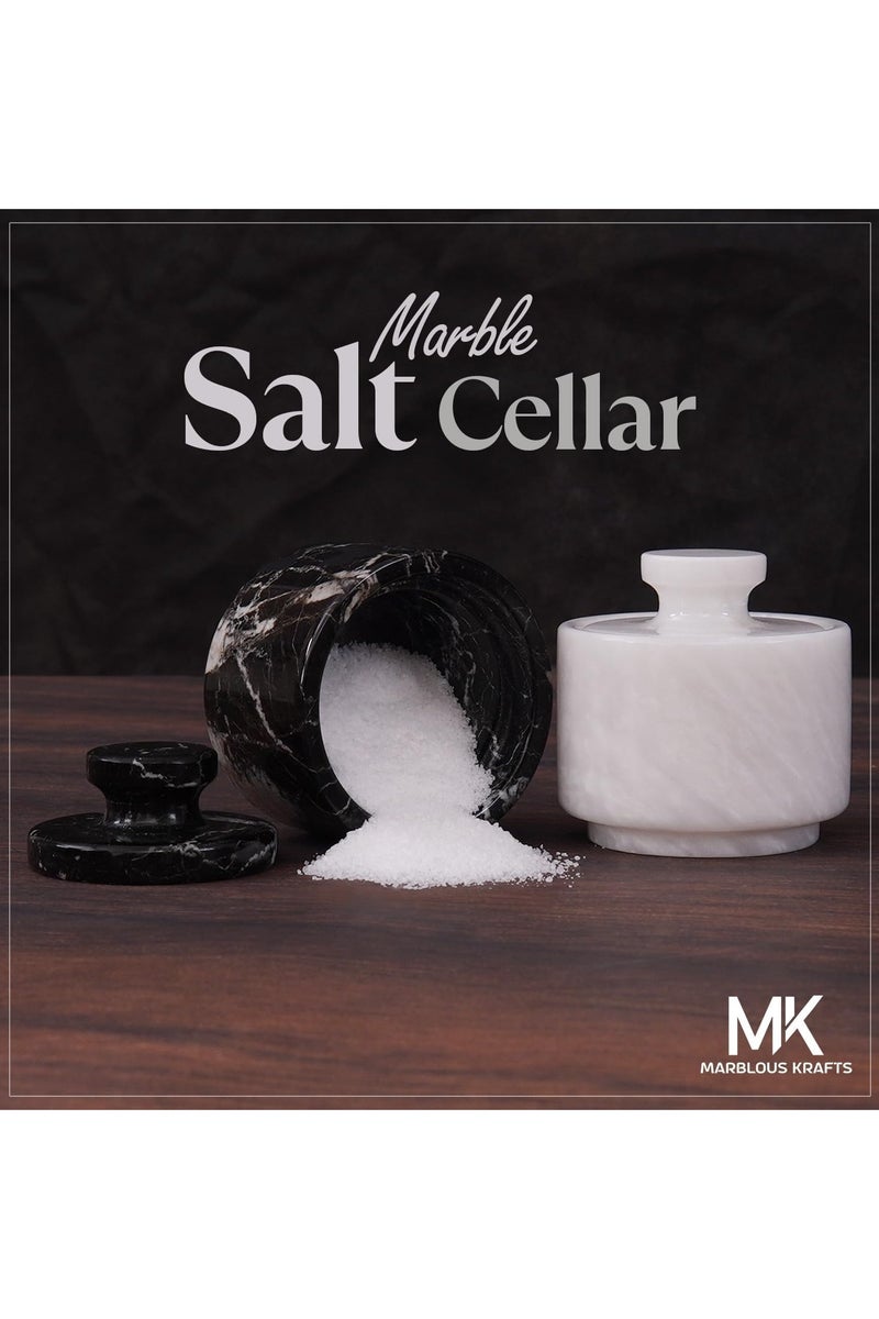 Marble Salt Cellar with Lid 3" White and Black Spice Jar For kitchen Counter Stone Salt Container and Sugar, Salt & Pepper Bowls