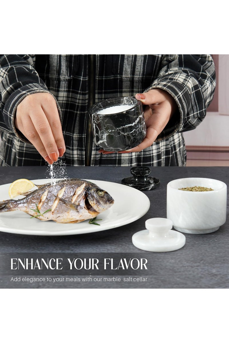 Marble Salt Cellar with Lid 3" White and Black Spice Jar For kitchen Counter Stone Salt Container and Sugar, Salt & Pepper Bowls