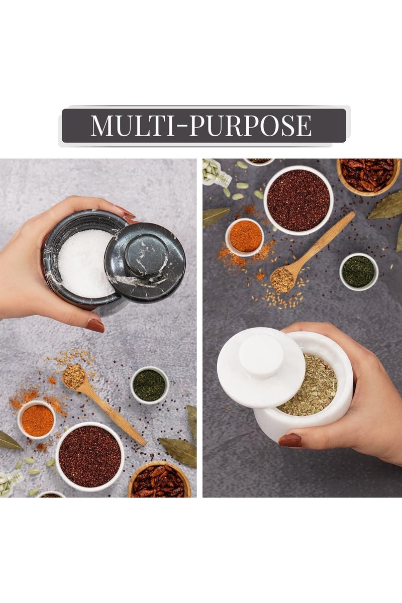 Marble Salt Cellar with Lid 3" White and Black Spice Jar For kitchen Counter Stone Salt Container and Sugar, Salt & Pepper Bowls