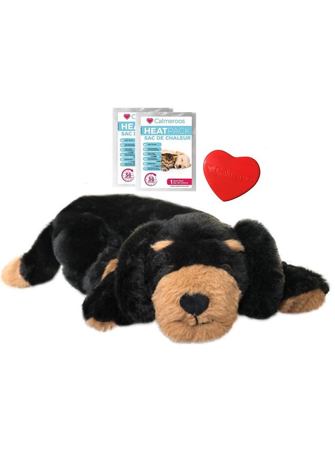 لعبة Calmeroos Puppy Heartbeat مساعدة على النوم مع كمادات حرارية طويلة الأمد تدوم 36 ساعة لكل منها لتخفيف قلق الجراء وتهدئة الكلاب ومساعد سلوكي مهدئ للحيوانات الأليفة (أسود وبني)  - Image 1