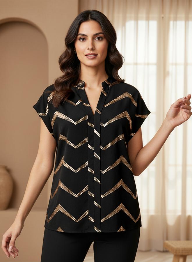 Take Two Black Chevron Sequin V-Neck Blouse With Short Sleeves - Image 1
