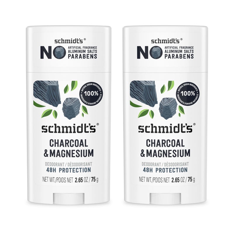 Schmidt's Aluminum-Free Vegan Deodorant Charcoal & Magnesium with 48 Hour Odor Protection, 2 Count for Women and Men, Natural Ingredients, Cruelty-Free, 2.65 oz, Pack of 2 - Image 1