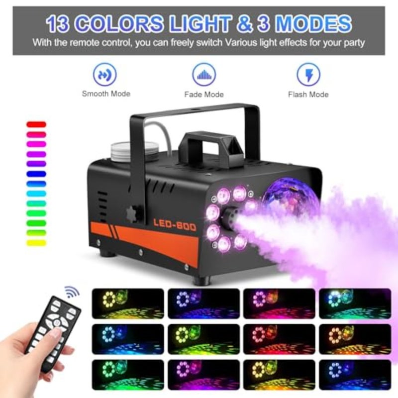 Smoke Machine, Fog Machine with Disco Ball Lights, 600W and 3000CFM with 13 Colorful LED Lights Effect, Wireless Remote Control, Suitable for Indoor, Wedding, Parties, Halloween, and DJ Stage - Image 3
