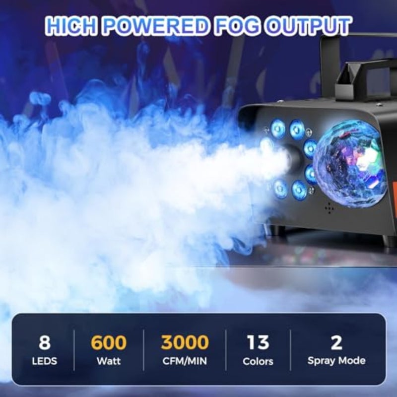 Smoke Machine, Fog Machine with Disco Ball Lights, 600W and 3000CFM with 13 Colorful LED Lights Effect, Wireless Remote Control, Suitable for Indoor, Wedding, Parties, Halloween, and DJ Stage - Image 2