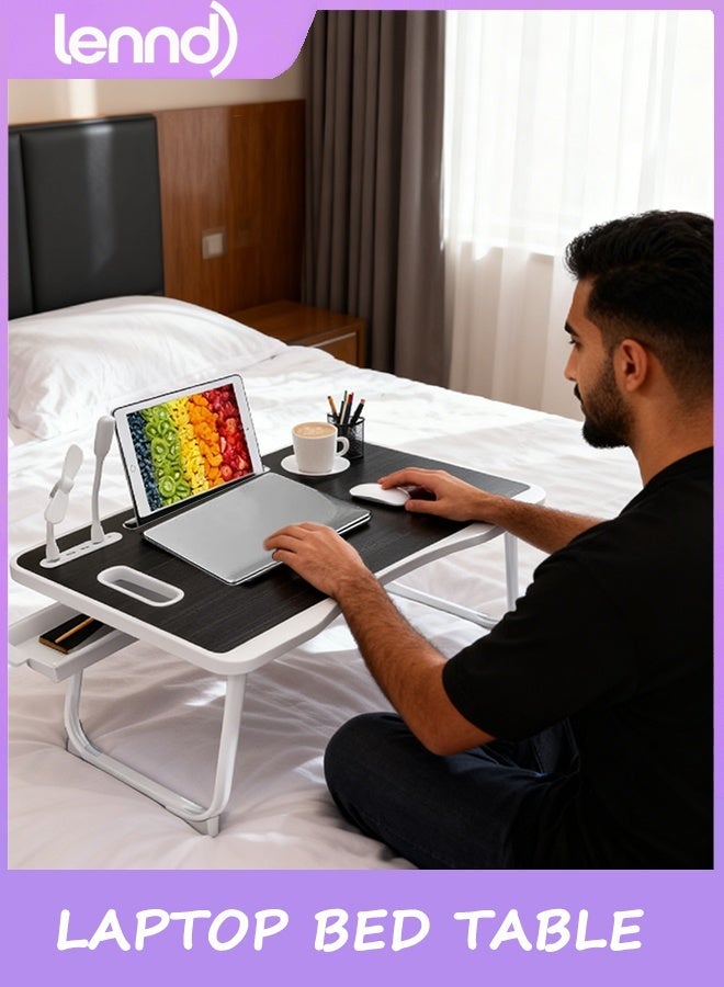 LENND Laptop Bed Table, Laptop Desk for Bed, Foldable Laptop Bed Desk with USB Charge Port, Handle, Desktop Card Slot, Cup Slot, Side Drawer, Portable Laptop Table for Bed Eating Reading Working - Image 1