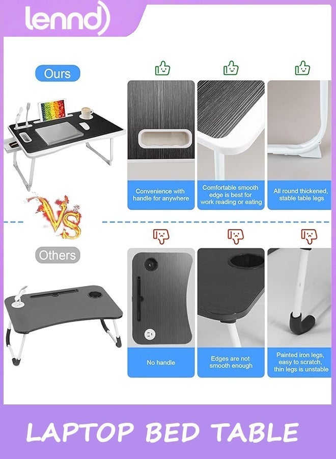 LENND Laptop Bed Table, Laptop Desk for Bed, Foldable Laptop Bed Desk with USB Charge Port, Handle, Desktop Card Slot, Cup Slot, Side Drawer, Portable Laptop Table for Bed Eating Reading Working - Image 4
