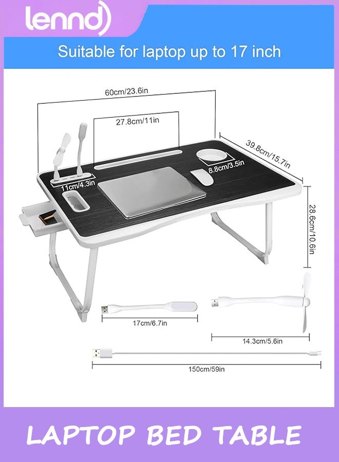 LENND Laptop Bed Table, Laptop Desk for Bed, Foldable Laptop Bed Desk with USB Charge Port, Handle, Desktop Card Slot, Cup Slot, Side Drawer, Portable Laptop Table for Bed Eating Reading Working - Image 2