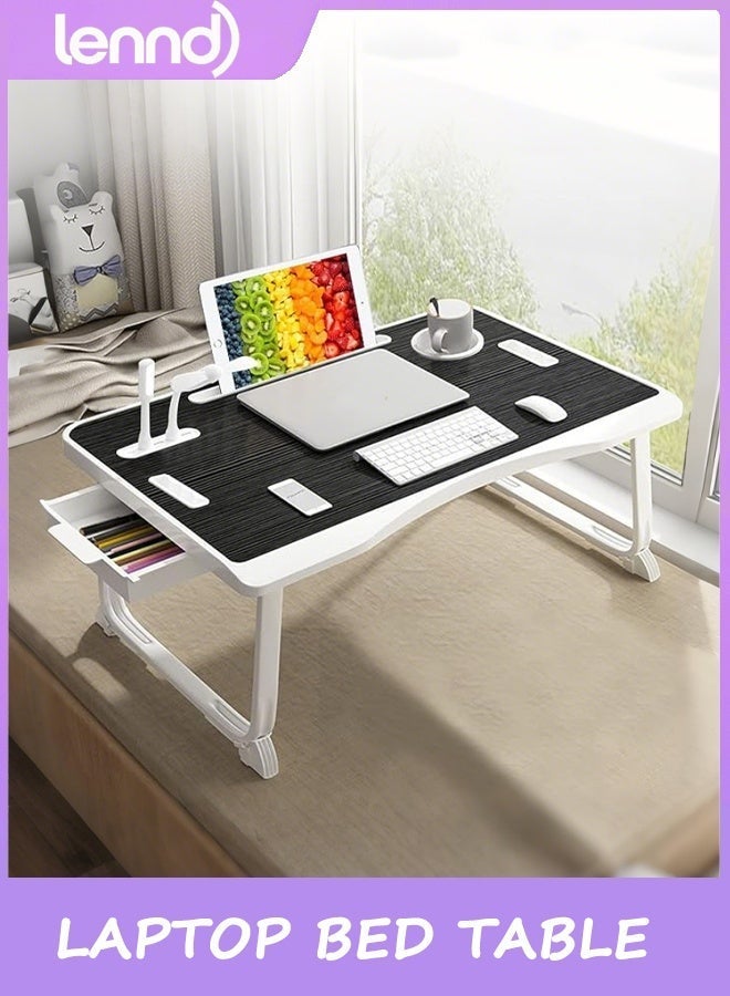 لينند طاولة سرير للكمبيوتر المحمول، مكتب كمبيوتر محمول للسرير، مكتب سرير قابل للطي للكمبيوتر المحمول مع منفذ شحن USB، مقبض، فتحة بطاقة سطح المكتب، فتحة كوب، درج جانبي، طاولة كمبيوتر محمول محمولة لتناول الطعام على السرير والقراءة والعمل - Image 1
